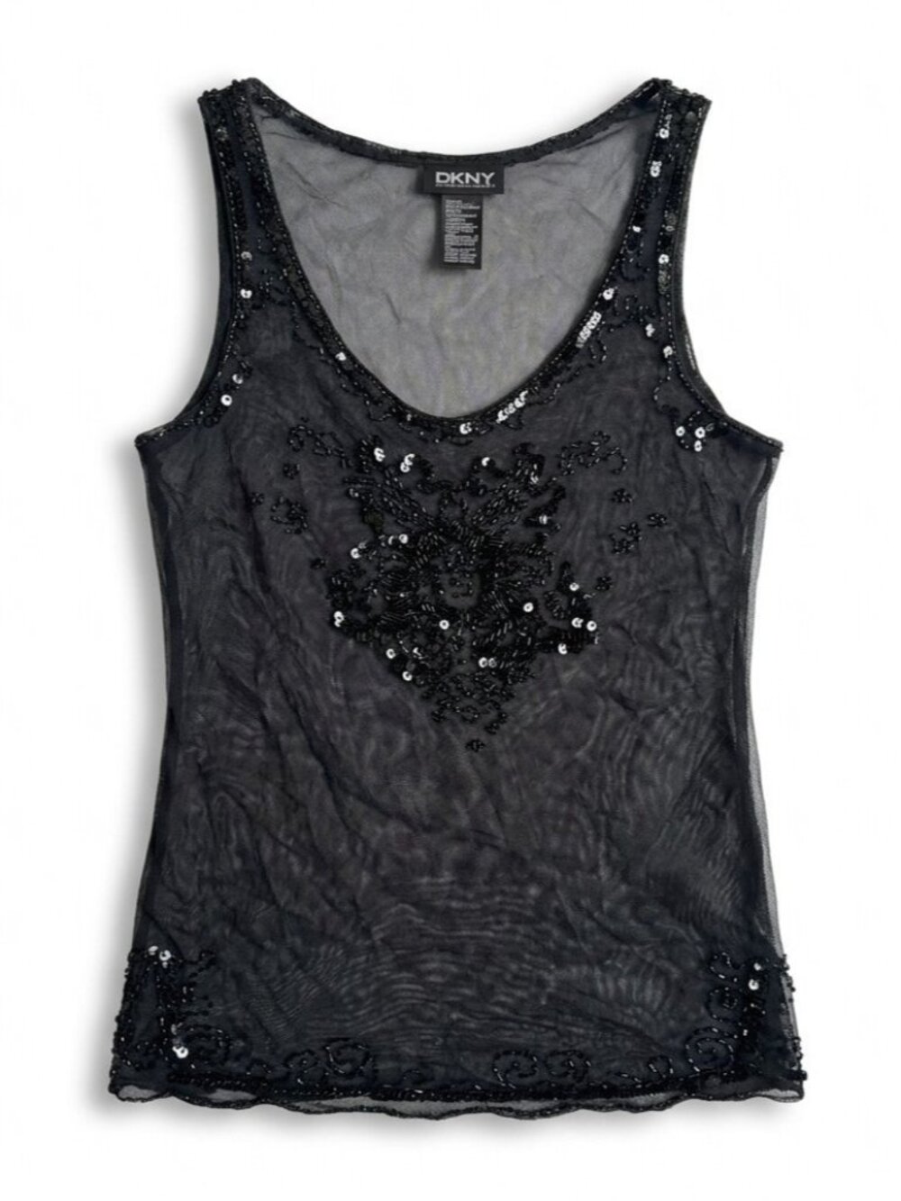 DKNY Donna Karan Black Sequin Camisole Top Size 6 Mesh Slits Evening